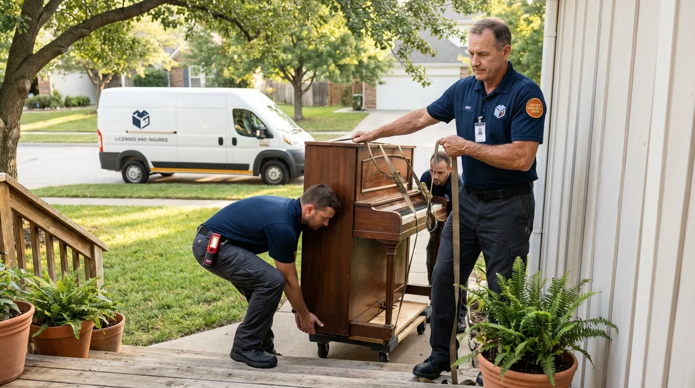 Licensed piano movers securing grand piano in Watchung, NJ