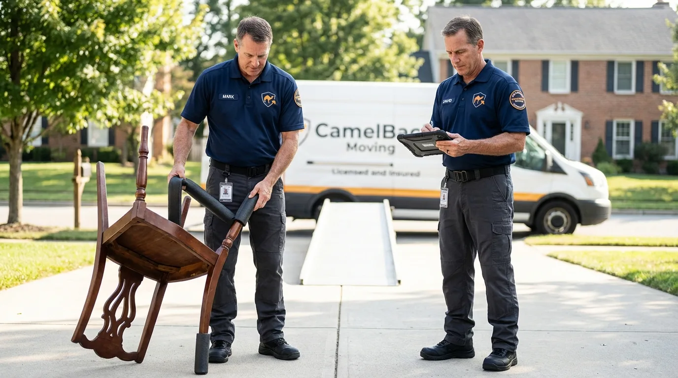 Movers inspecting furniture for damage prevention before loading in Watchung, NJ